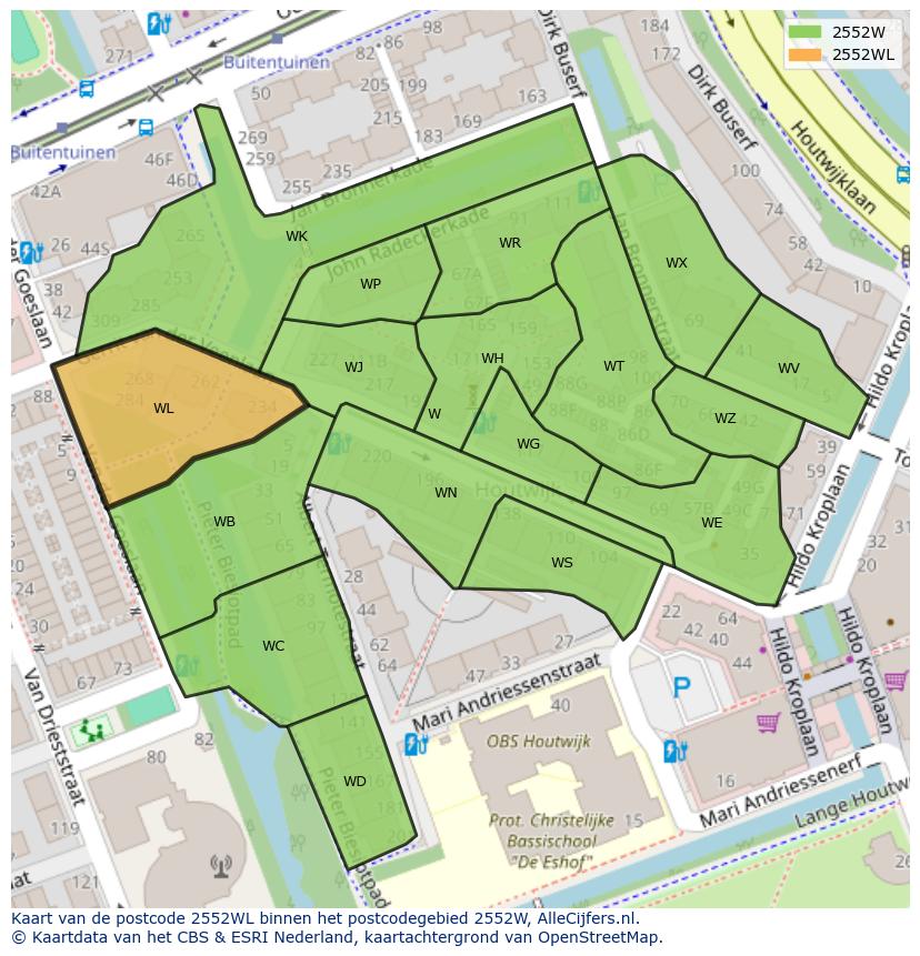 Afbeelding van het postcodegebied 2552 WL op de kaart.