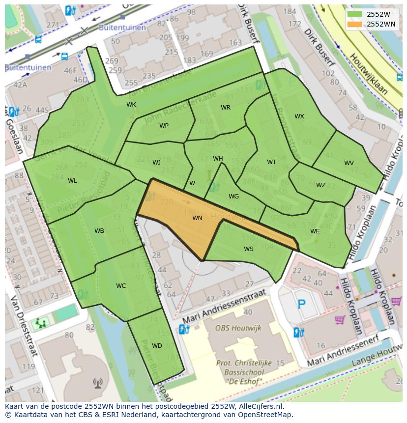 Afbeelding van het postcodegebied 2552 WN op de kaart.