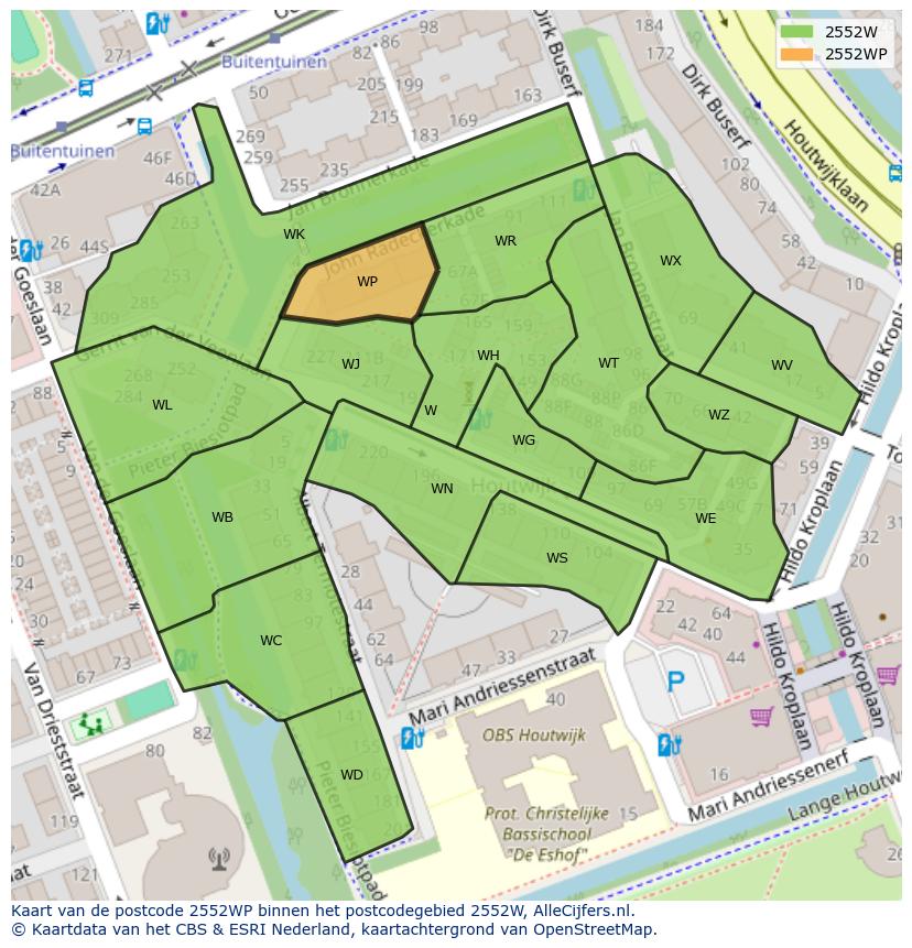 Afbeelding van het postcodegebied 2552 WP op de kaart.