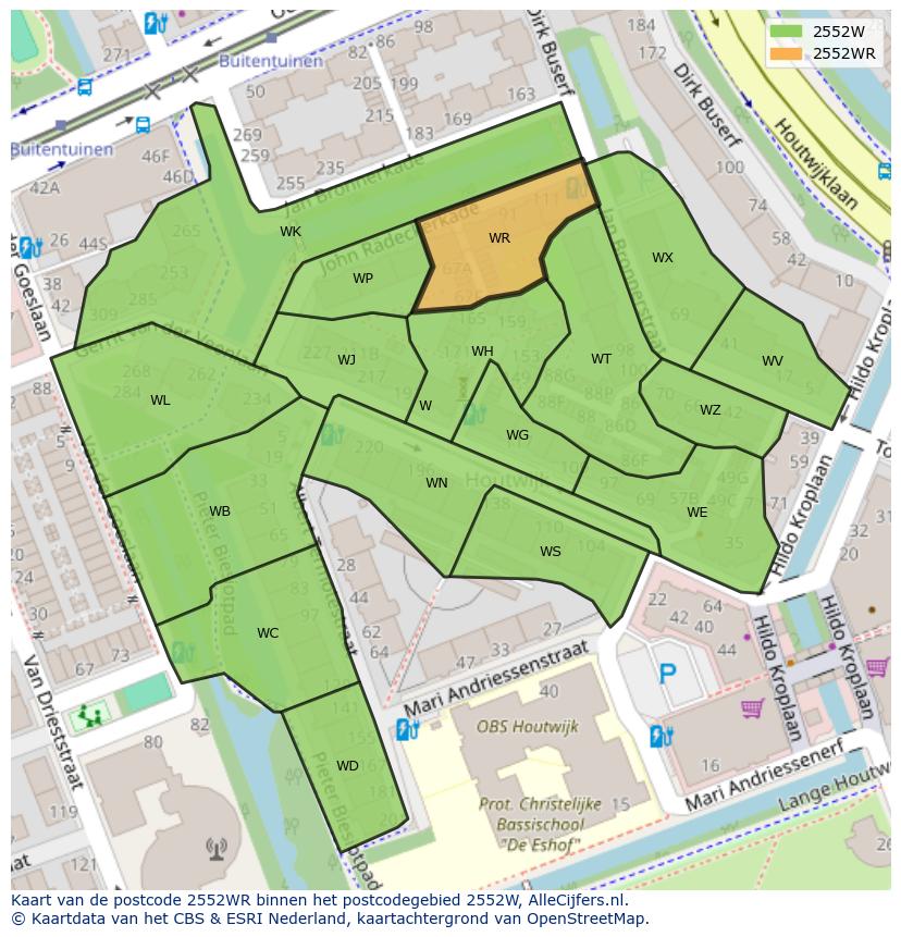 Afbeelding van het postcodegebied 2552 WR op de kaart.
