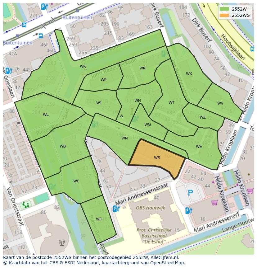 Afbeelding van het postcodegebied 2552 WS op de kaart.