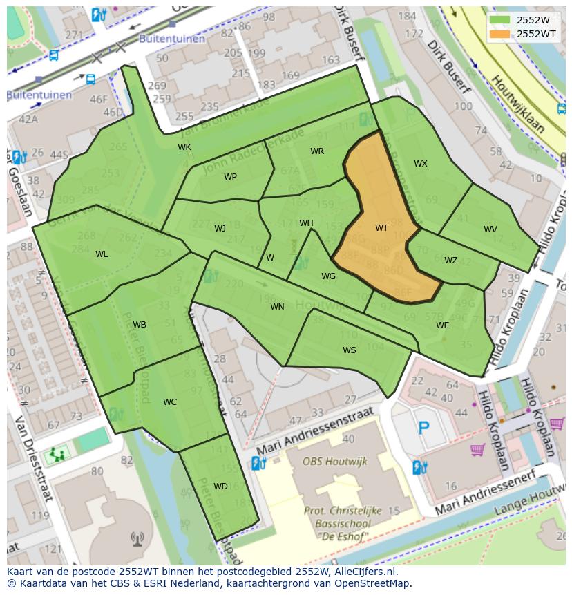 Afbeelding van het postcodegebied 2552 WT op de kaart.