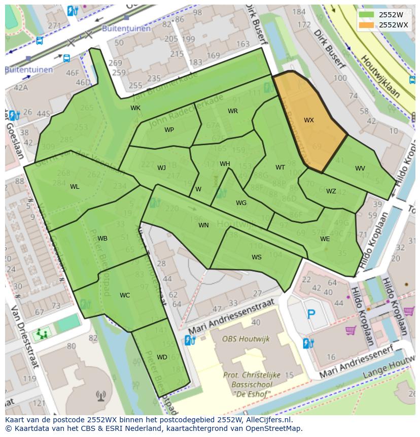 Afbeelding van het postcodegebied 2552 WX op de kaart.