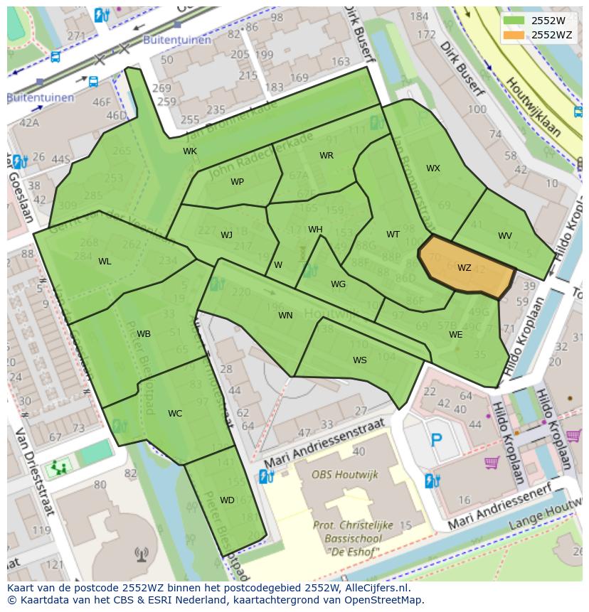 Afbeelding van het postcodegebied 2552 WZ op de kaart.