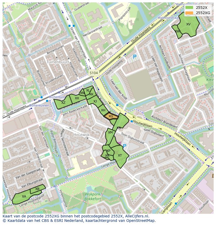 Afbeelding van het postcodegebied 2552 XG op de kaart.