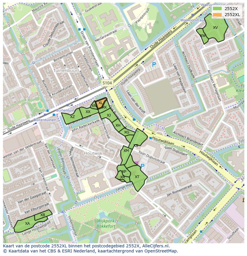 Afbeelding van het postcodegebied 2552 XL op de kaart.