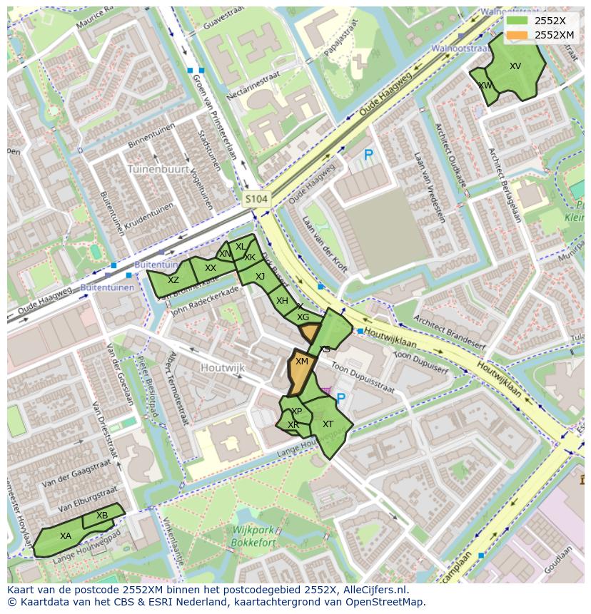 Afbeelding van het postcodegebied 2552 XM op de kaart.