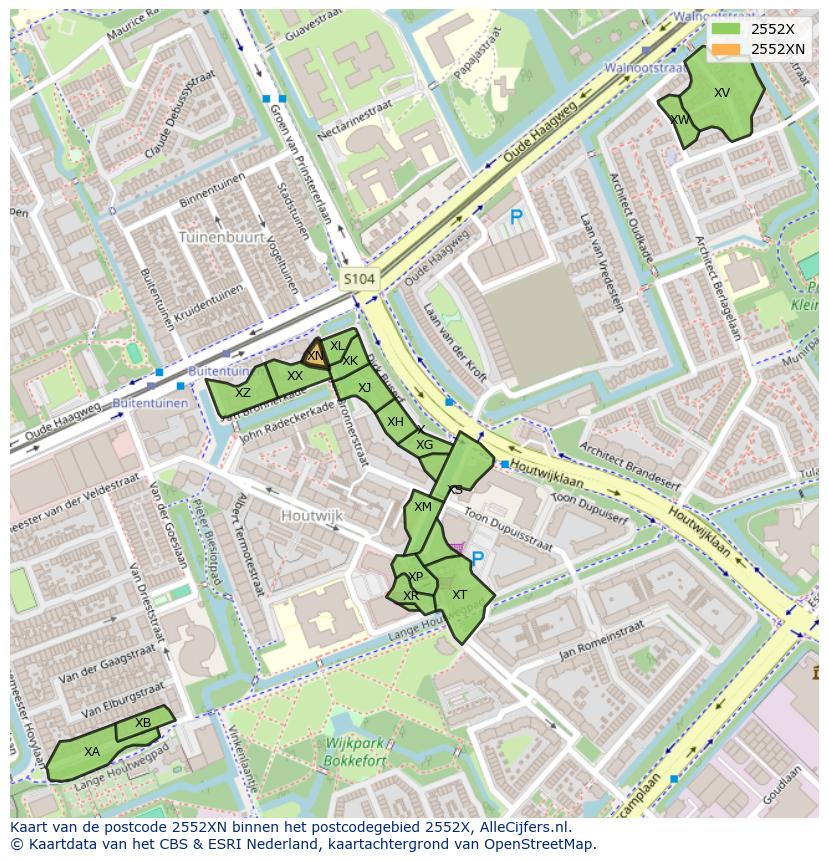 Afbeelding van het postcodegebied 2552 XN op de kaart.