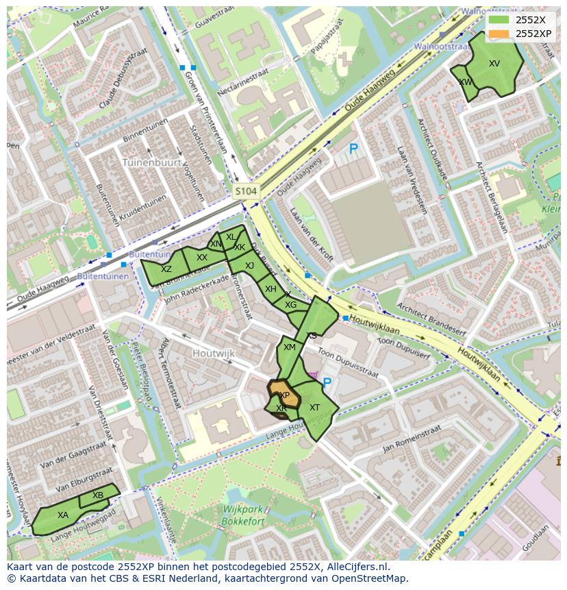 Afbeelding van het postcodegebied 2552 XP op de kaart.