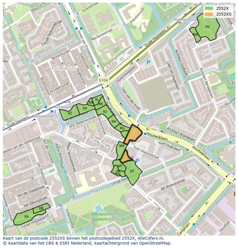 Afbeelding van het postcodegebied 2552 XS op de kaart.