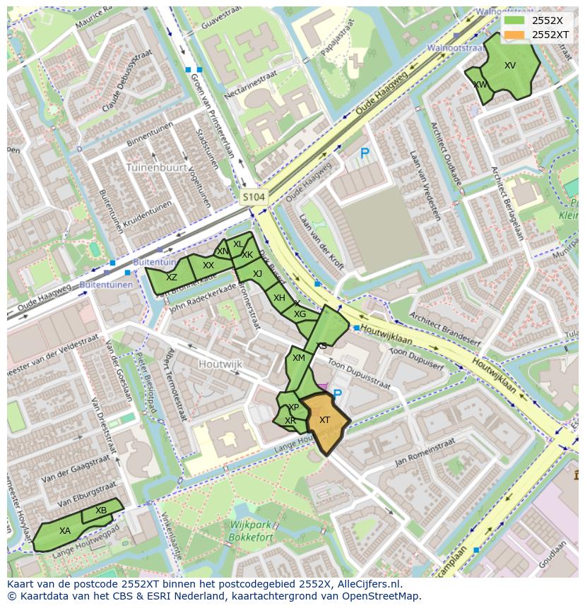 Afbeelding van het postcodegebied 2552 XT op de kaart.