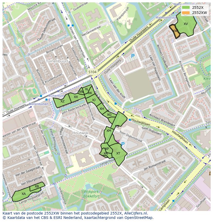 Afbeelding van het postcodegebied 2552 XW op de kaart.