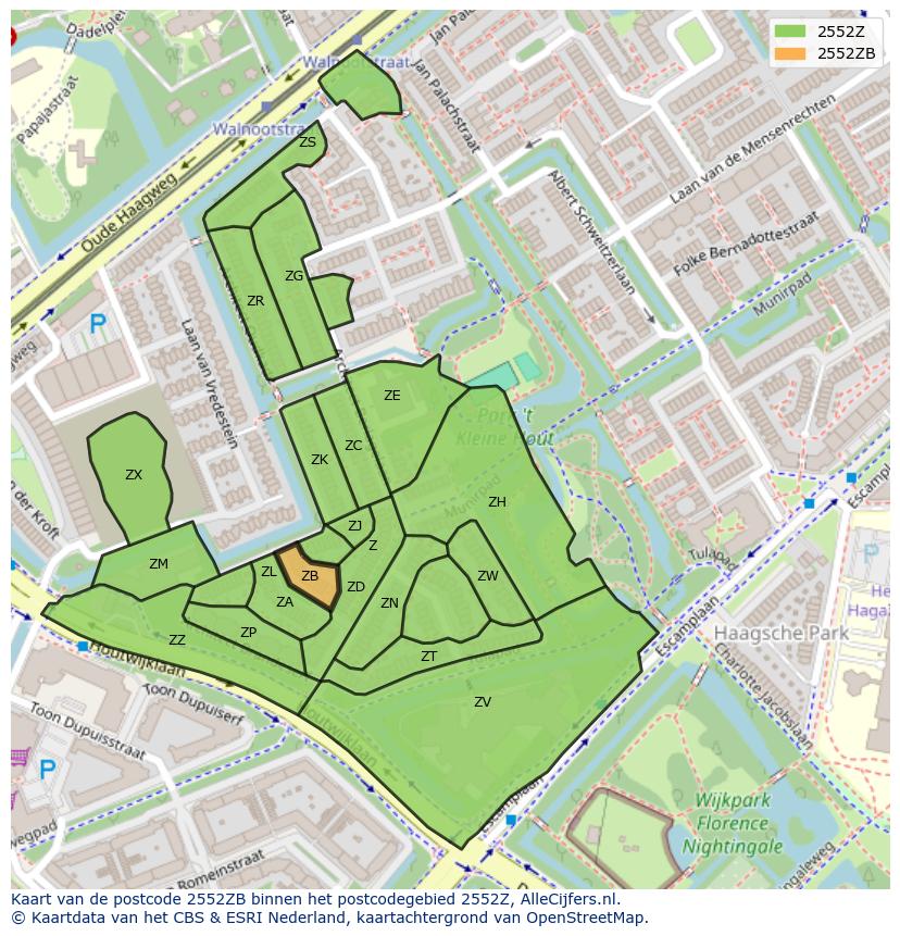 Afbeelding van het postcodegebied 2552 ZB op de kaart.