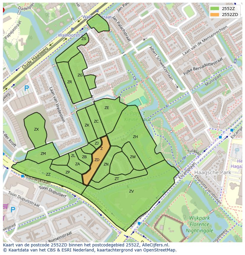 Afbeelding van het postcodegebied 2552 ZD op de kaart.