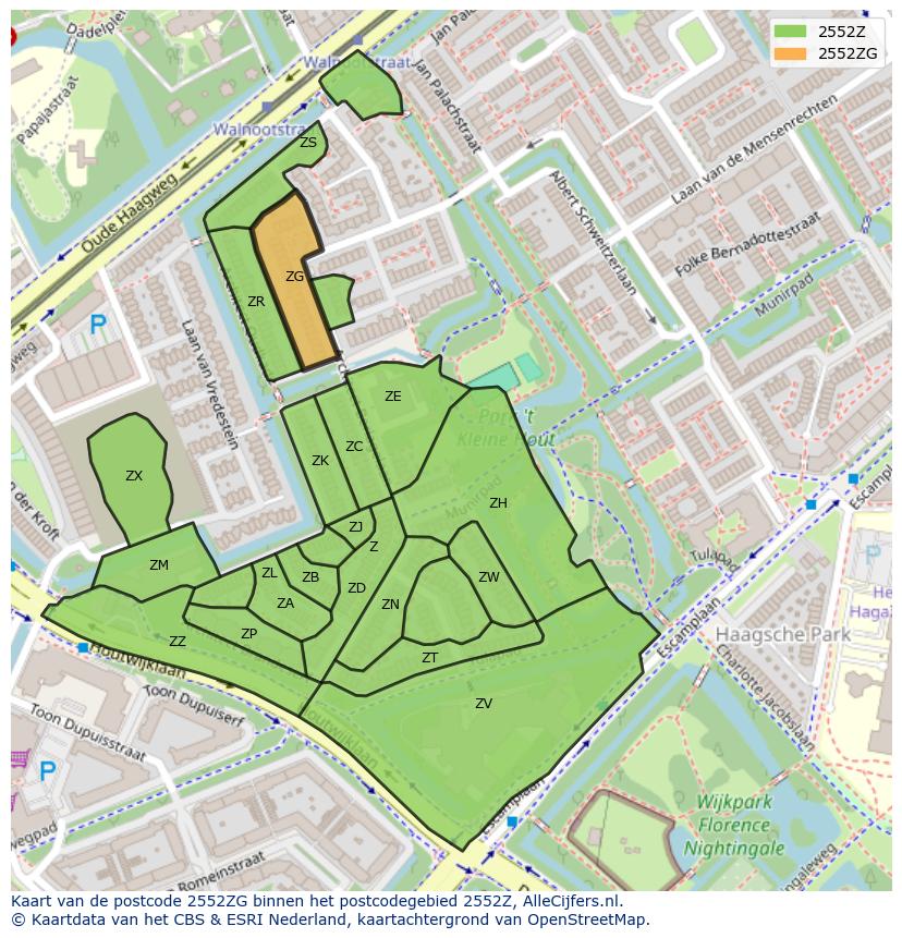 Afbeelding van het postcodegebied 2552 ZG op de kaart.