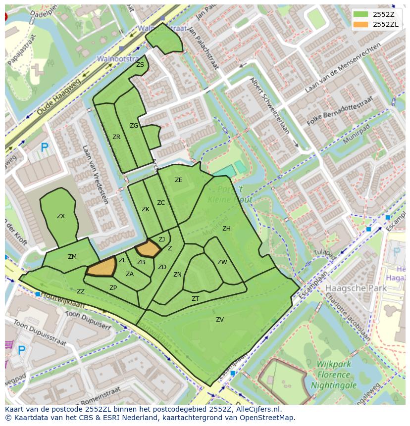 Afbeelding van het postcodegebied 2552 ZL op de kaart.