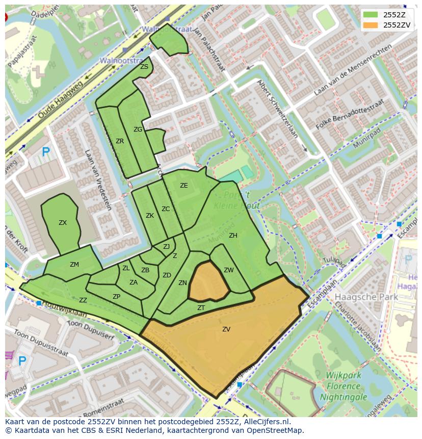 Afbeelding van het postcodegebied 2552 ZV op de kaart.