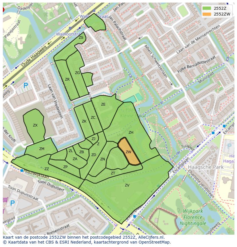 Afbeelding van het postcodegebied 2552 ZW op de kaart.