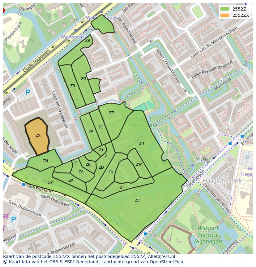 Afbeelding van het postcodegebied 2552 ZX op de kaart.