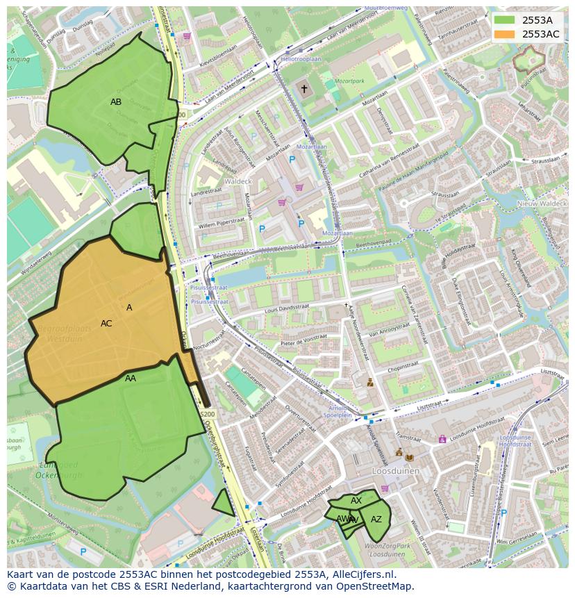 Afbeelding van het postcodegebied 2553 AC op de kaart.