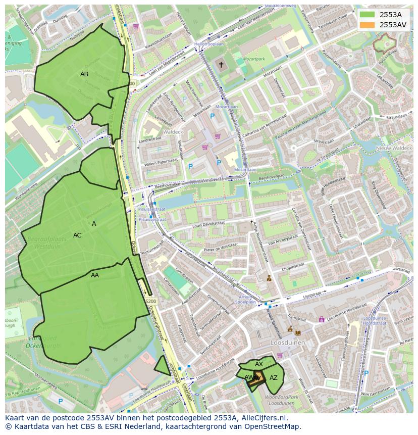 Afbeelding van het postcodegebied 2553 AV op de kaart.