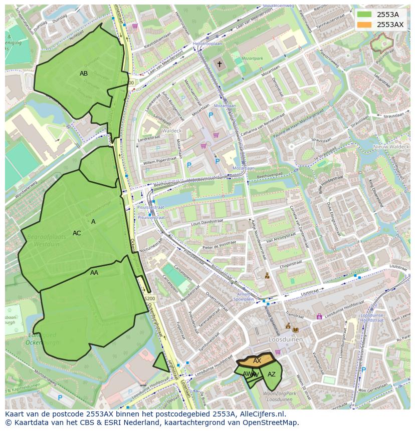 Afbeelding van het postcodegebied 2553 AX op de kaart.
