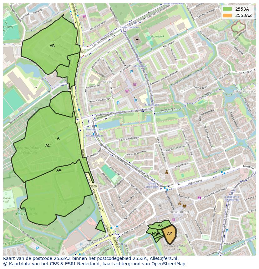 Afbeelding van het postcodegebied 2553 AZ op de kaart.