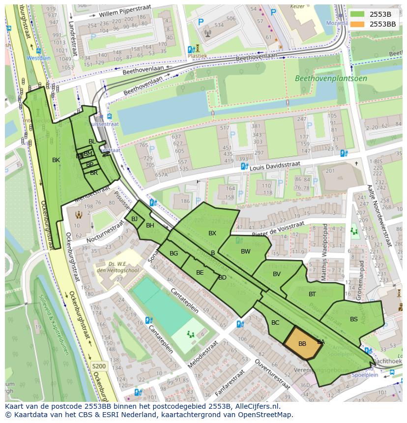 Afbeelding van het postcodegebied 2553 BB op de kaart.