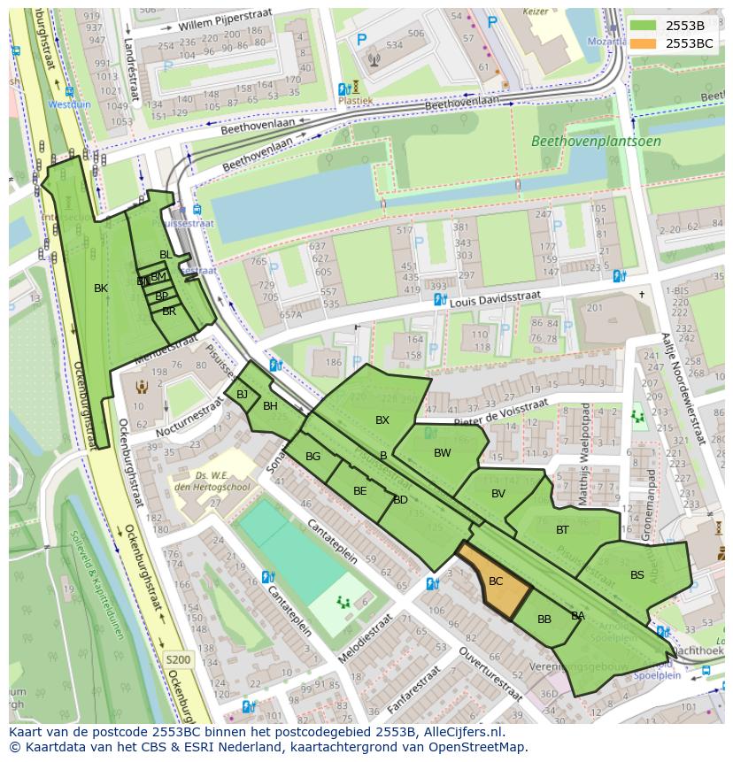 Afbeelding van het postcodegebied 2553 BC op de kaart.