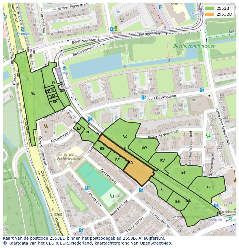 Afbeelding van het postcodegebied 2553 BD op de kaart.