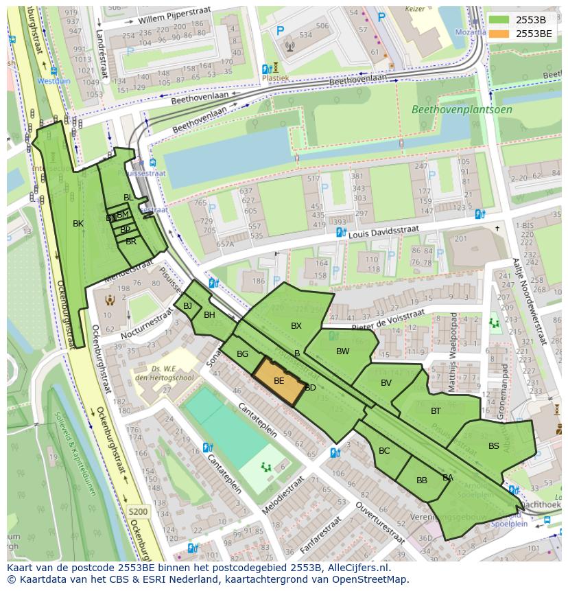 Afbeelding van het postcodegebied 2553 BE op de kaart.