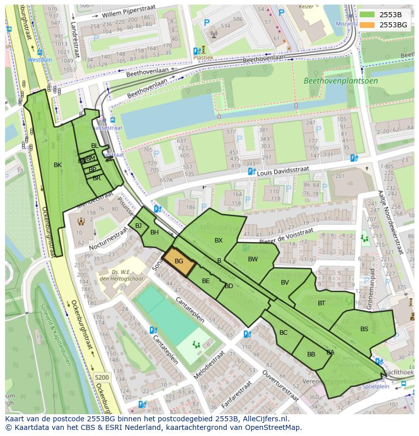 Afbeelding van het postcodegebied 2553 BG op de kaart.