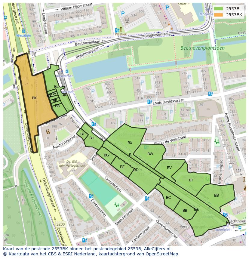 Afbeelding van het postcodegebied 2553 BK op de kaart.