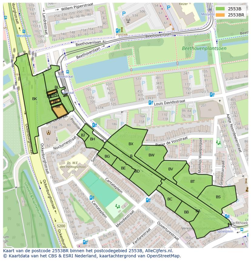 Afbeelding van het postcodegebied 2553 BR op de kaart.