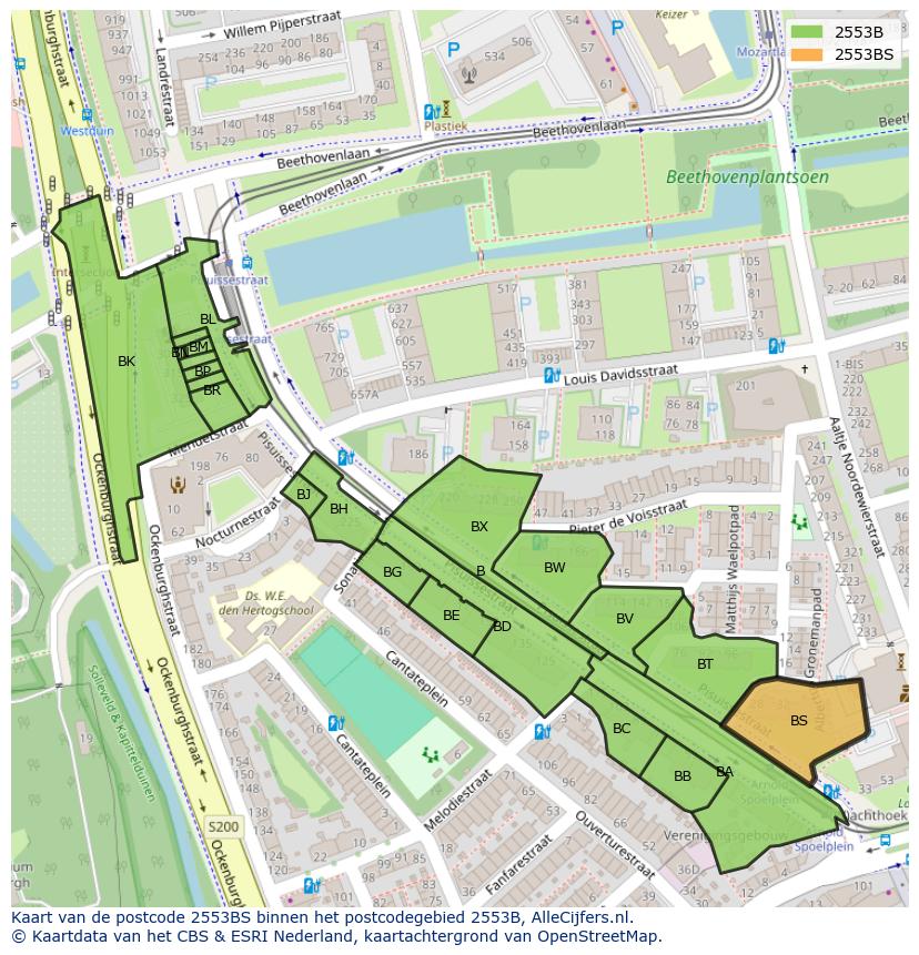Afbeelding van het postcodegebied 2553 BS op de kaart.