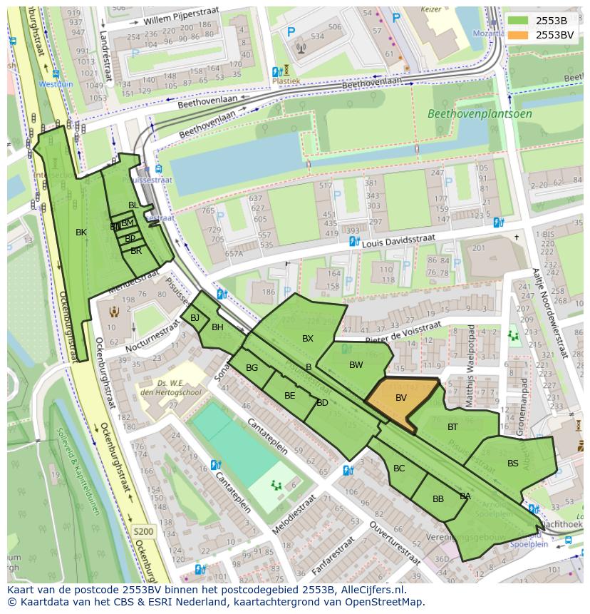 Afbeelding van het postcodegebied 2553 BV op de kaart.