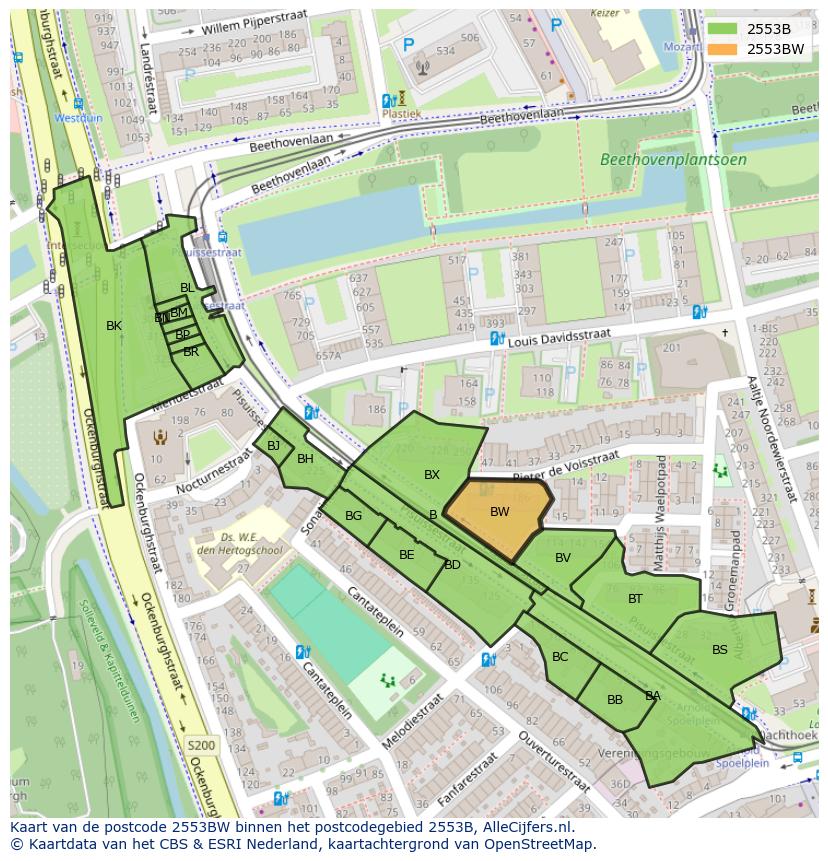 Afbeelding van het postcodegebied 2553 BW op de kaart.