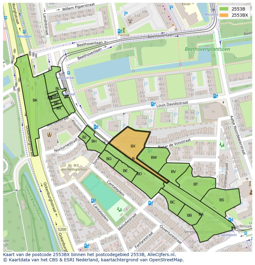 Afbeelding van het postcodegebied 2553 BX op de kaart.