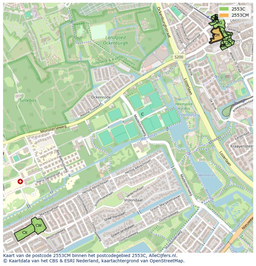 Afbeelding van het postcodegebied 2553 CM op de kaart.