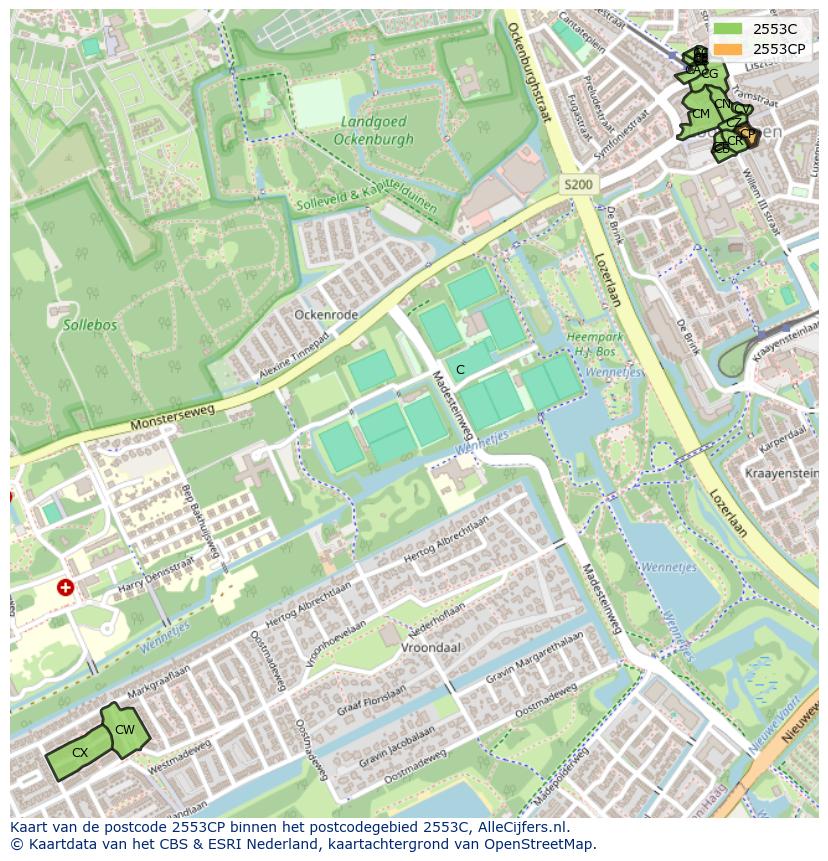 Afbeelding van het postcodegebied 2553 CP op de kaart.