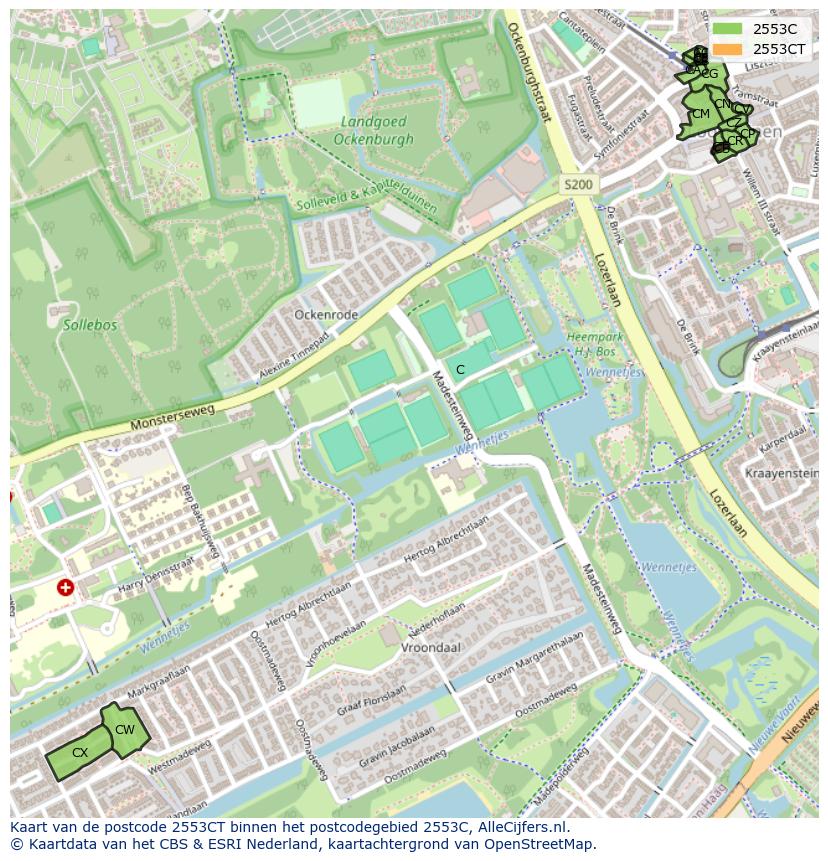 Afbeelding van het postcodegebied 2553 CT op de kaart.