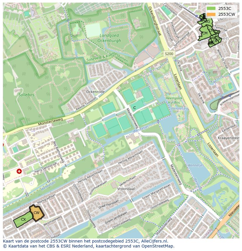 Afbeelding van het postcodegebied 2553 CW op de kaart.