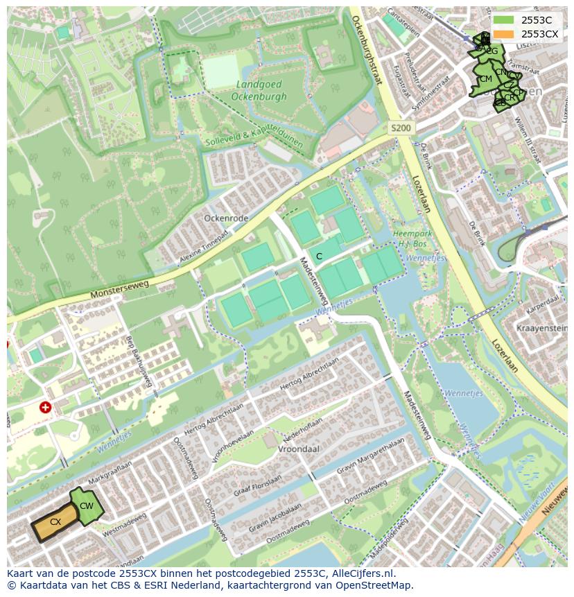 Afbeelding van het postcodegebied 2553 CX op de kaart.