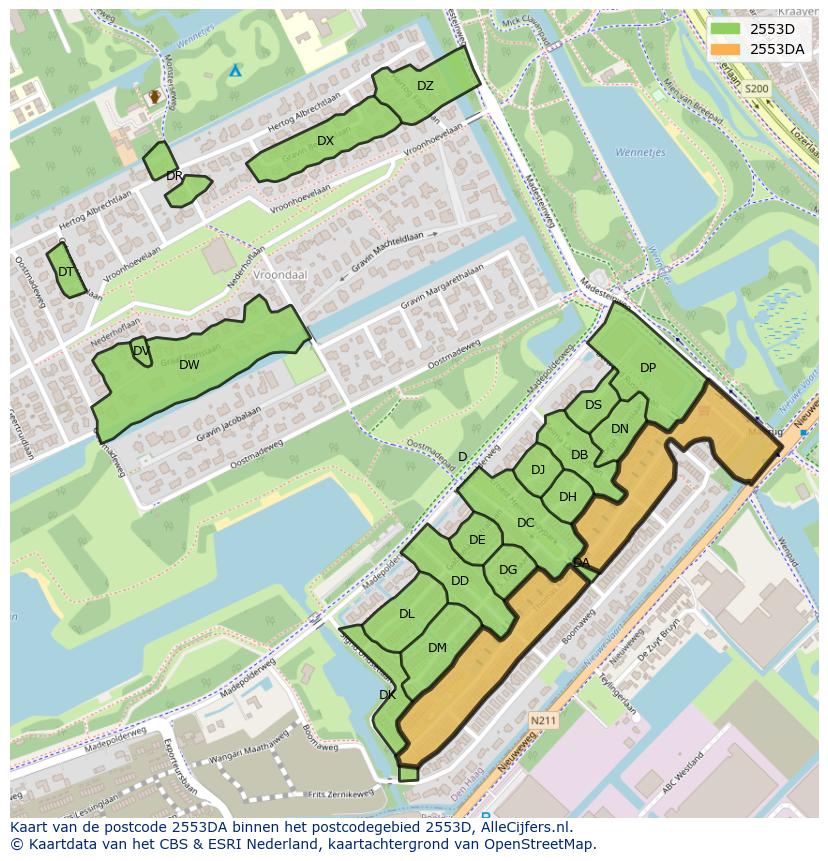 Afbeelding van het postcodegebied 2553 DA op de kaart.