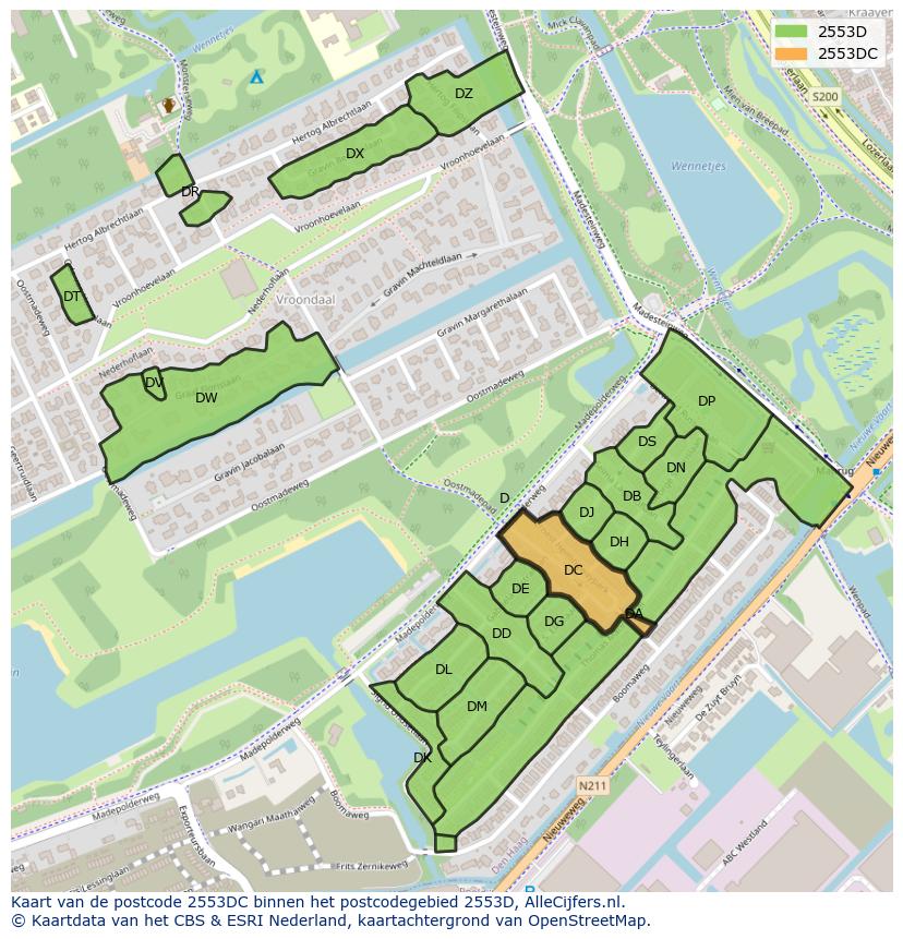Afbeelding van het postcodegebied 2553 DC op de kaart.