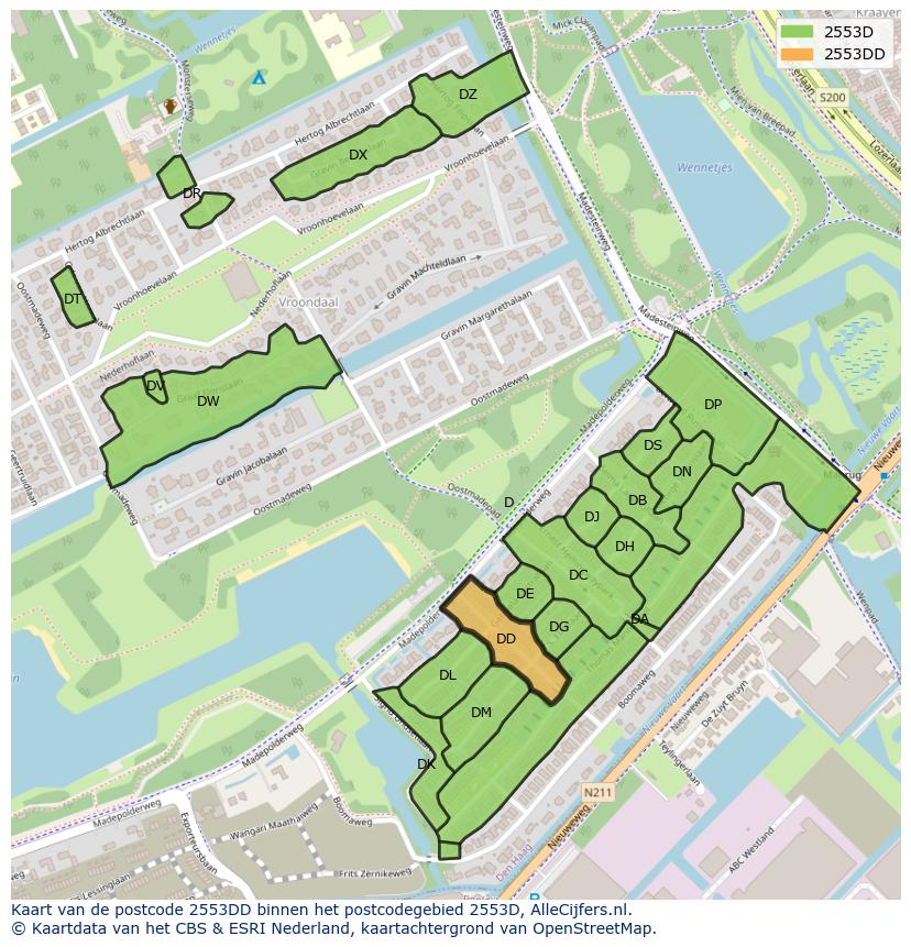 Afbeelding van het postcodegebied 2553 DD op de kaart.