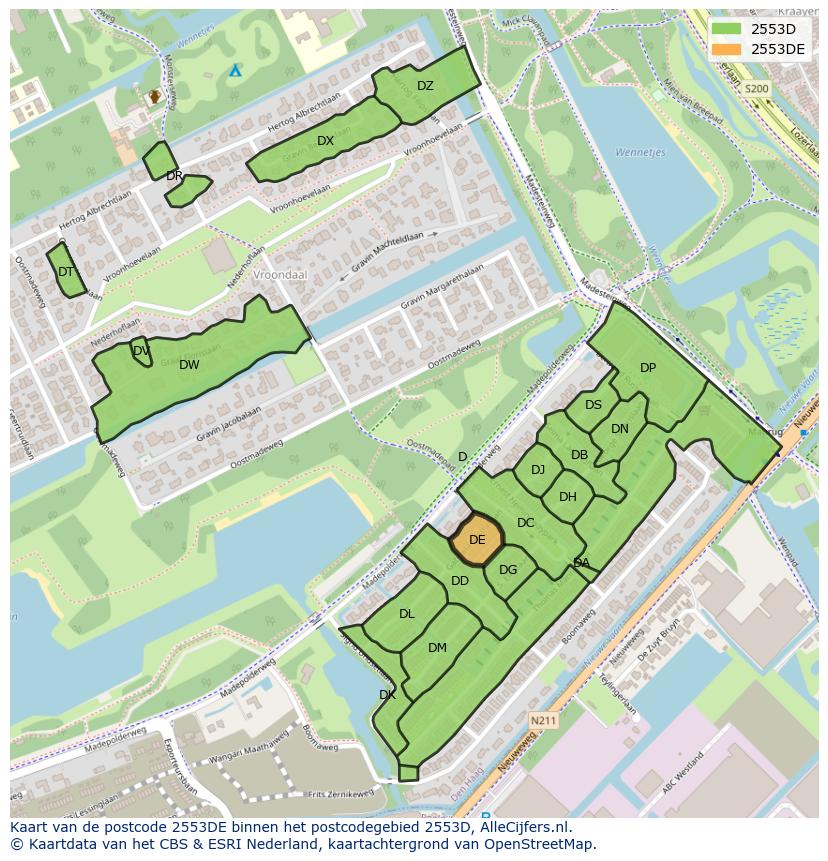 Afbeelding van het postcodegebied 2553 DE op de kaart.