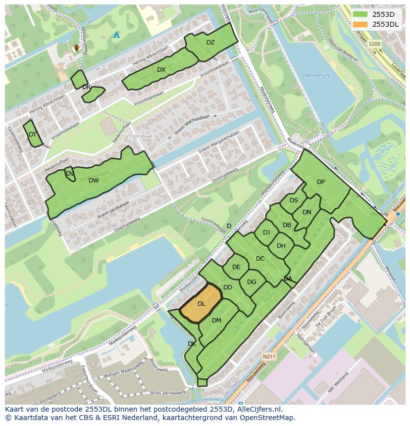 Afbeelding van het postcodegebied 2553 DL op de kaart.