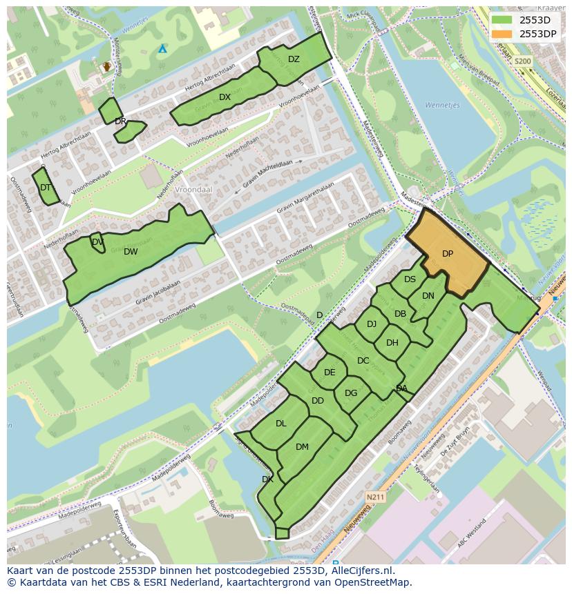 Afbeelding van het postcodegebied 2553 DP op de kaart.