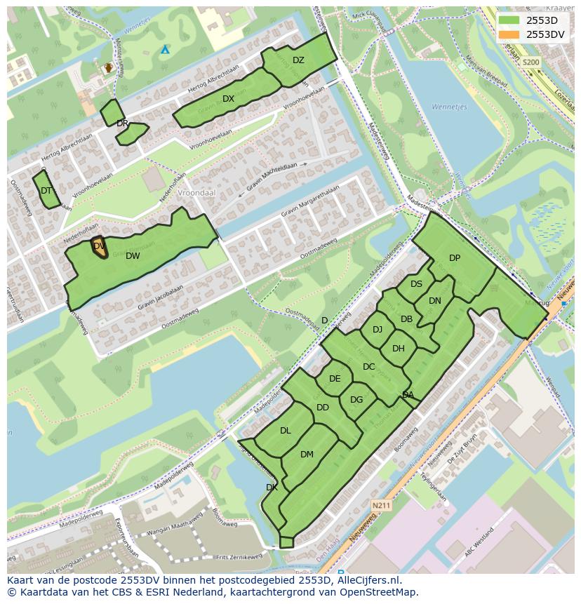 Afbeelding van het postcodegebied 2553 DV op de kaart.